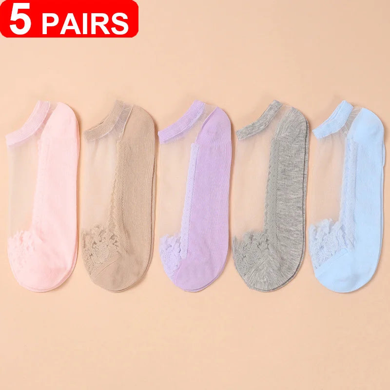 Women's Sheer Lace Invisible Socks – Ultra-Thin No-Show Ankle Socks (5 Pairs)