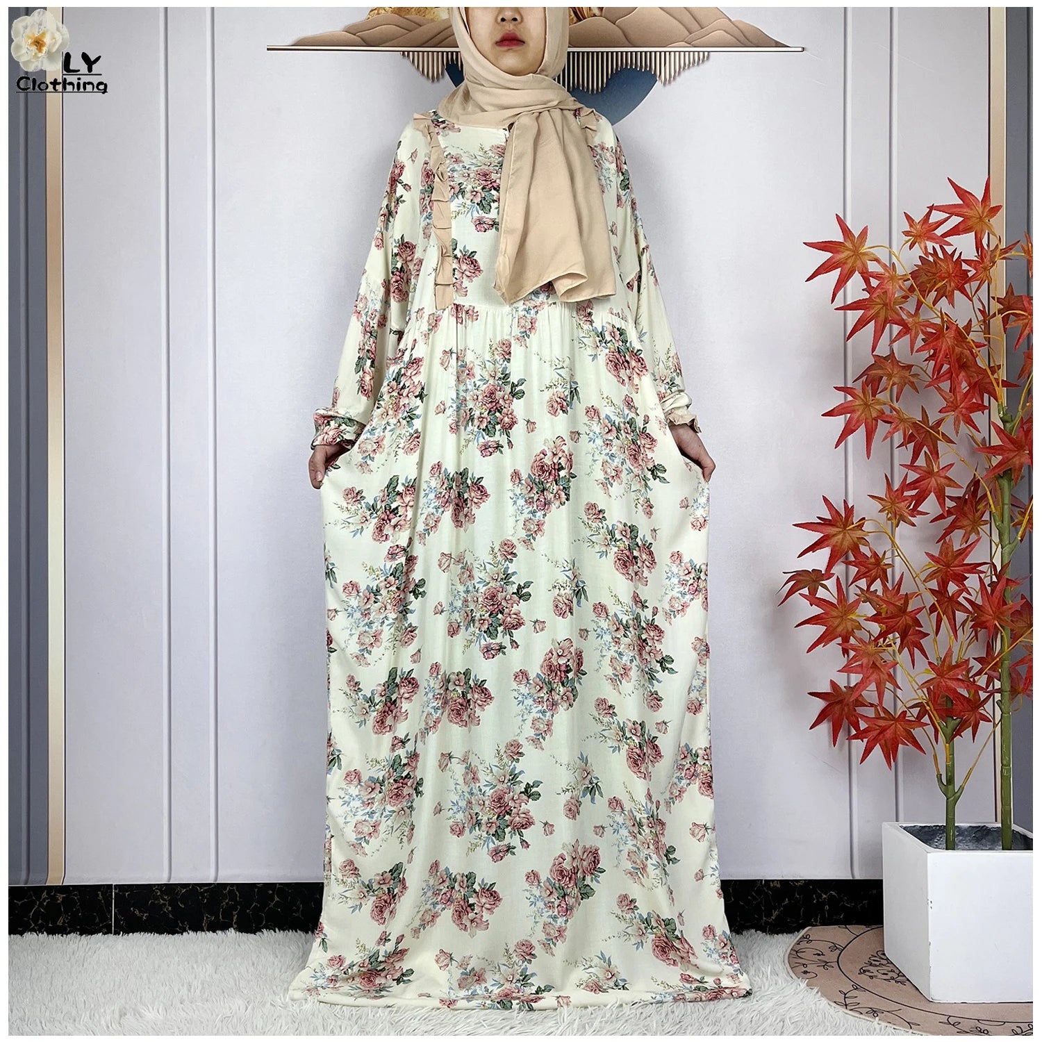 Muslim Long Sleeve Abaya – Loose Cotton Dress with Turban for Women