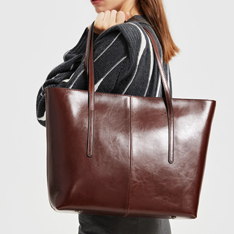 BURMINSA Vintage Genuine Leather Tote Bag – Elegant Office Work Shoulder Handbag for Women