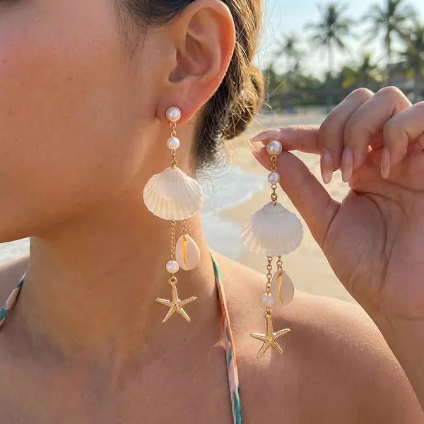 Y2K Boho Hoop Earrings – Colorful Stone, Starfish & Shell Dangle, Summer Festival