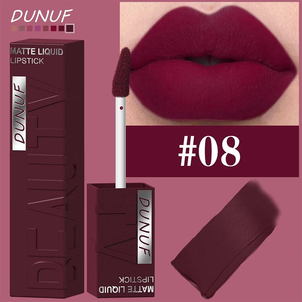 DUNUF 8-Colour Matte Velvet Lip Gloss Set – Waterproof Plumping Lipstick Square Tube