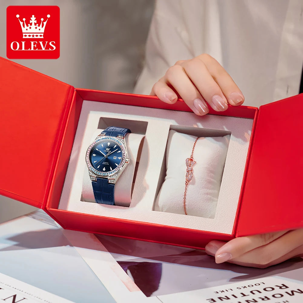 OLEVS Diamond Women's Watch – Luminous, Waterproof & Leather Strap