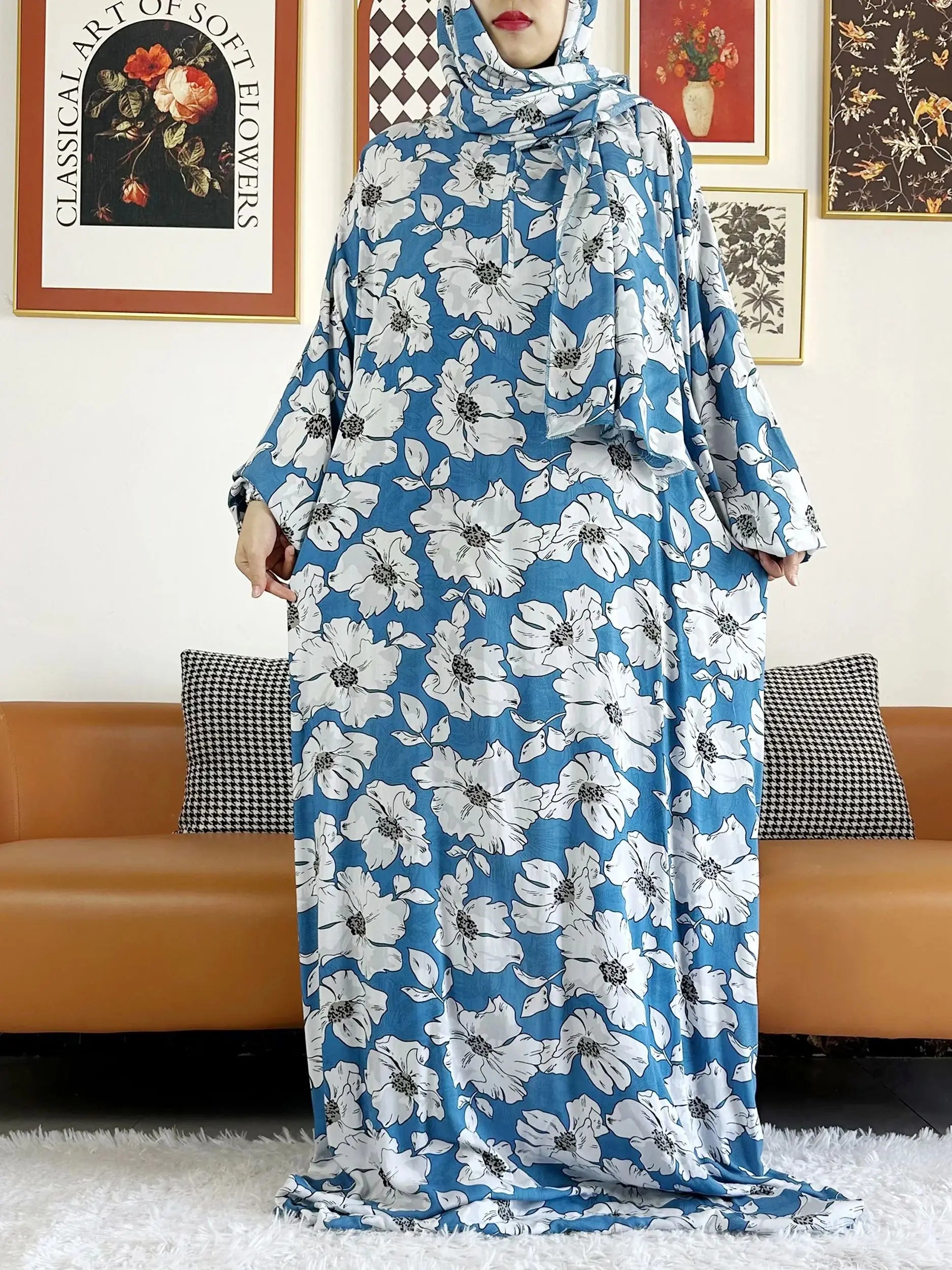 Plus Size Muslim Cotton Abaya – Loose Prayer Dress up to 6XL with Turban