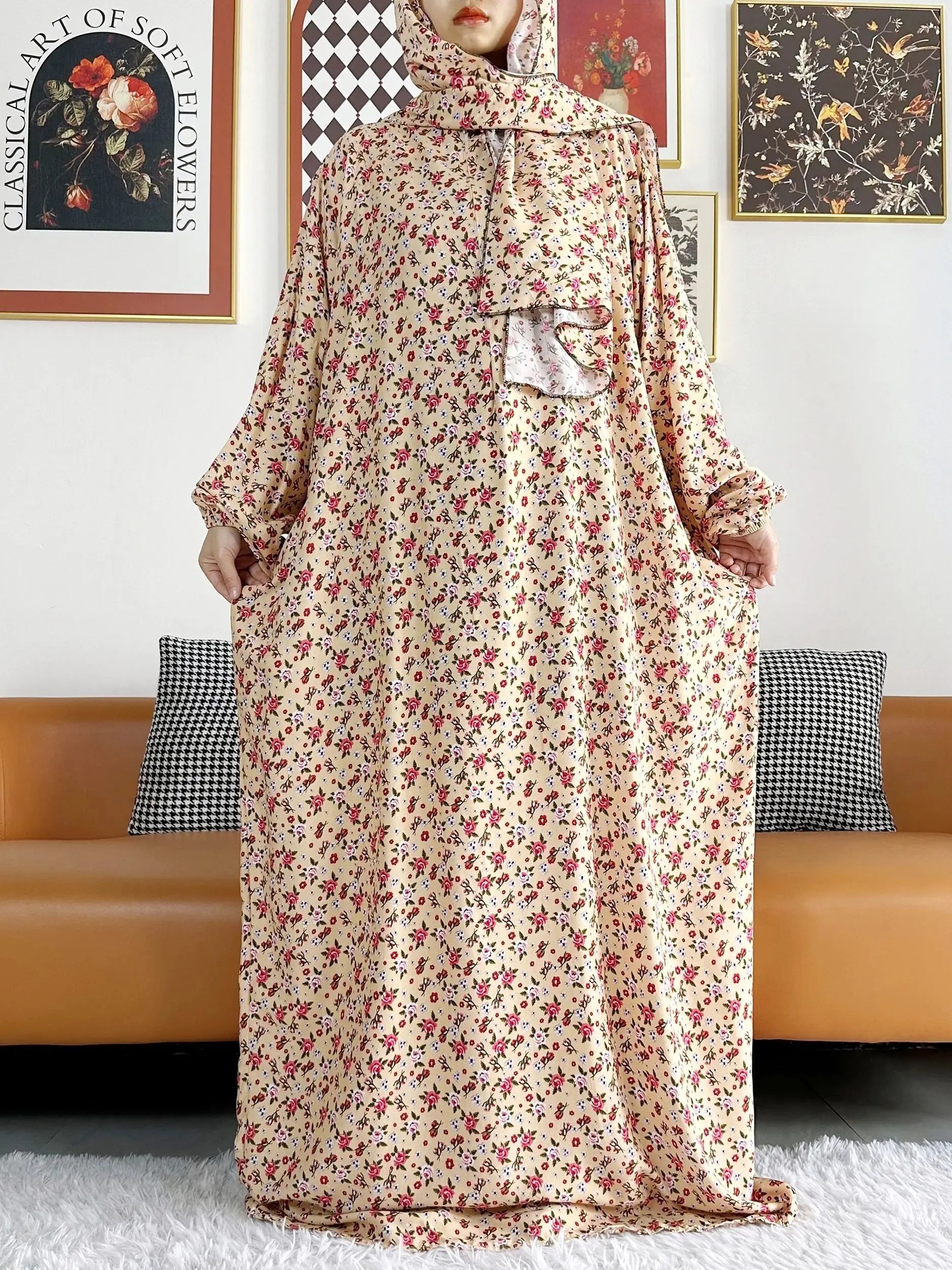 Floral Rayon Abaya – Loose African Dress with Turban for Muslim Women