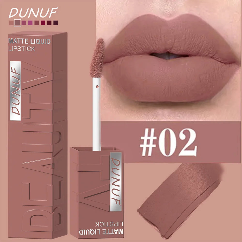 DUNUF 8-Colour Matte Velvet Lip Gloss Set – Waterproof Plumping Lipstick Square Tube