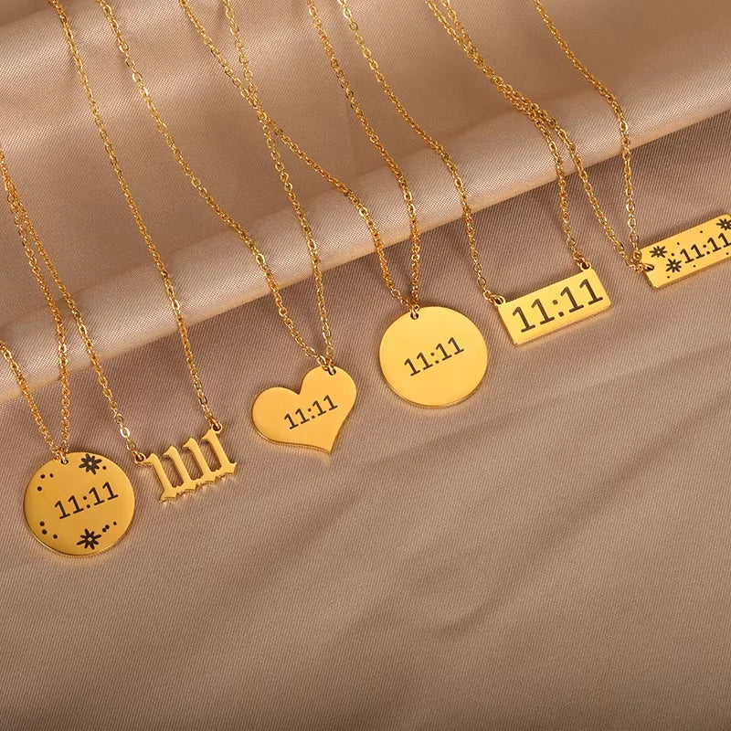 11:11 Angel Number Rectangle Pendant Necklace – Gold Stainless Steel Lucky Choker