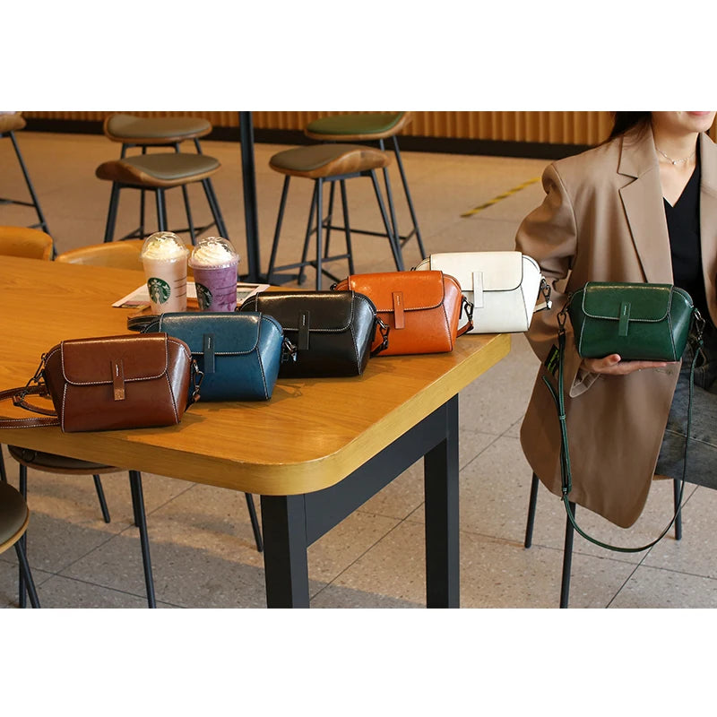 Oil Wax Cowhide Crossbody Shell Bag – Fashionable Versatile Shoulder Handbag for Women