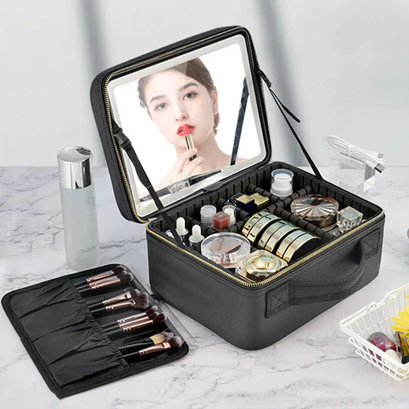Smart LED Cosmetic Case with Mirror – Large Travel Makeup Bag for Women