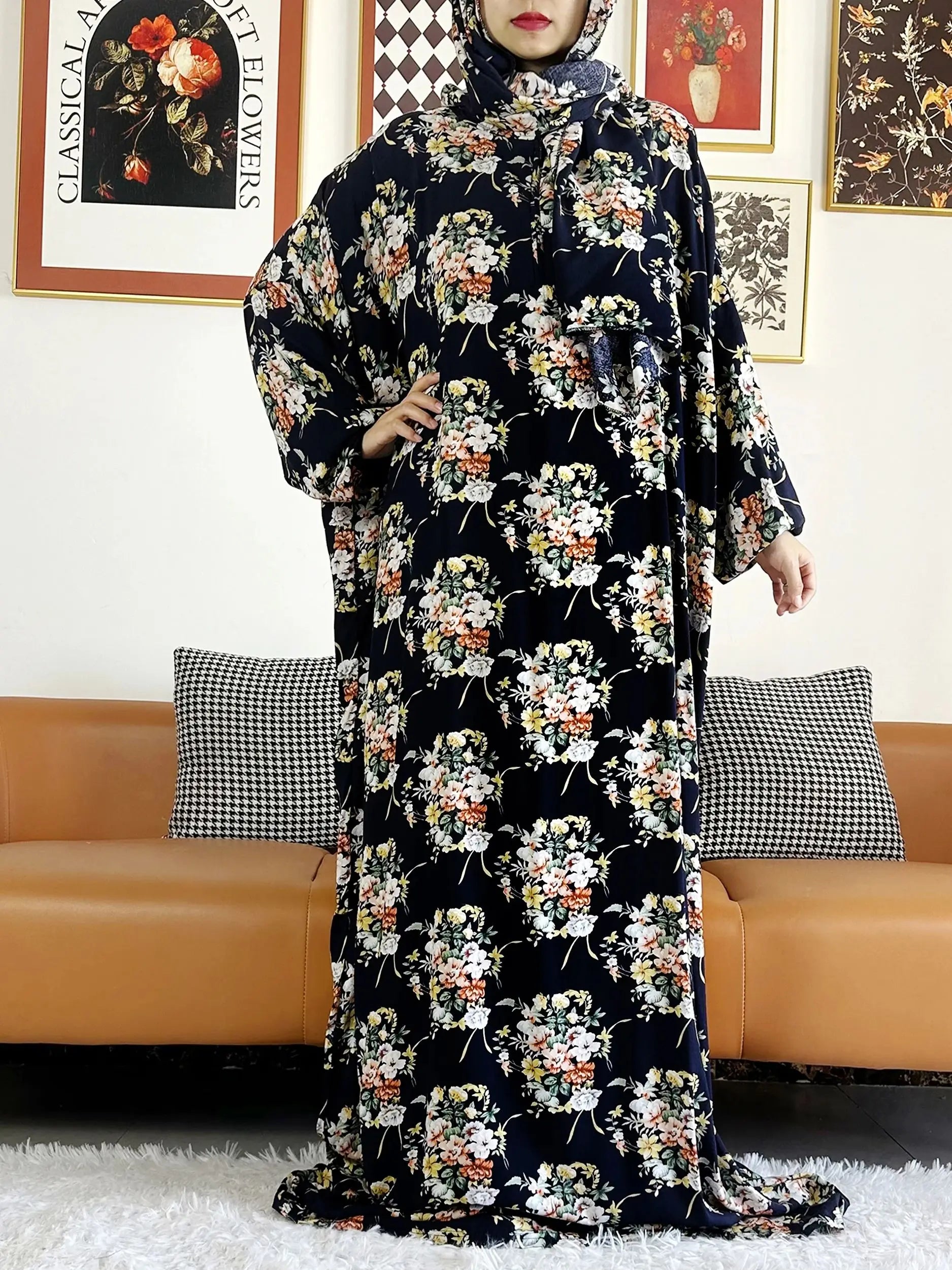 Plus Size Muslim Cotton Abaya – Loose Prayer Dress up to 6XL with Turban