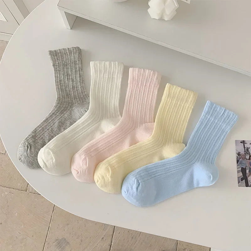 Women's Korean Style Mid-Tube Socks – Breathable Cotton Socks in Solid Colours (5 Pairs)
