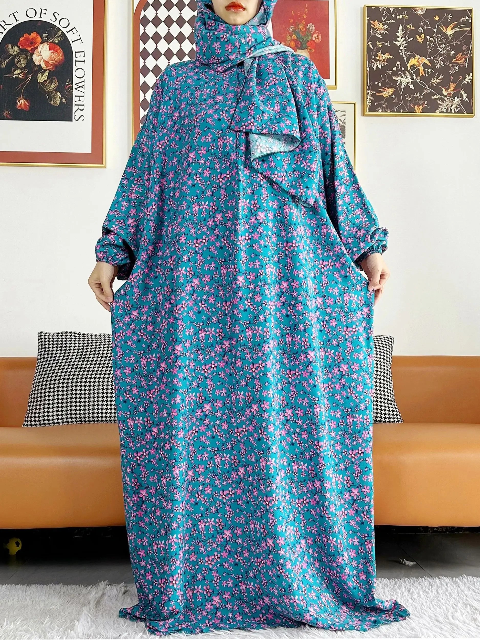 Floral Rayon Abaya – Loose African Dress with Turban for Muslim Women