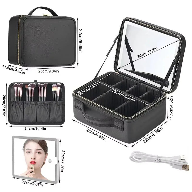 Smart LED Cosmetic Case with Mirror – Large Travel Makeup Bag for Women