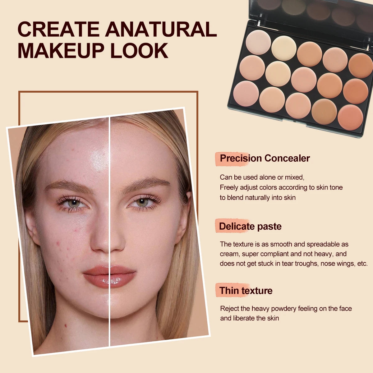 15-Color Concealer & Contour Palette – Full Coverage for All Skin Tones