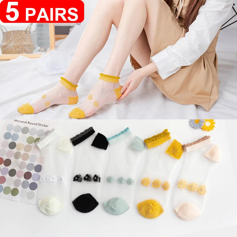 Women's Sheer Lace Invisible Socks – Ultra-Thin No-Show Ankle Socks (5 Pairs)