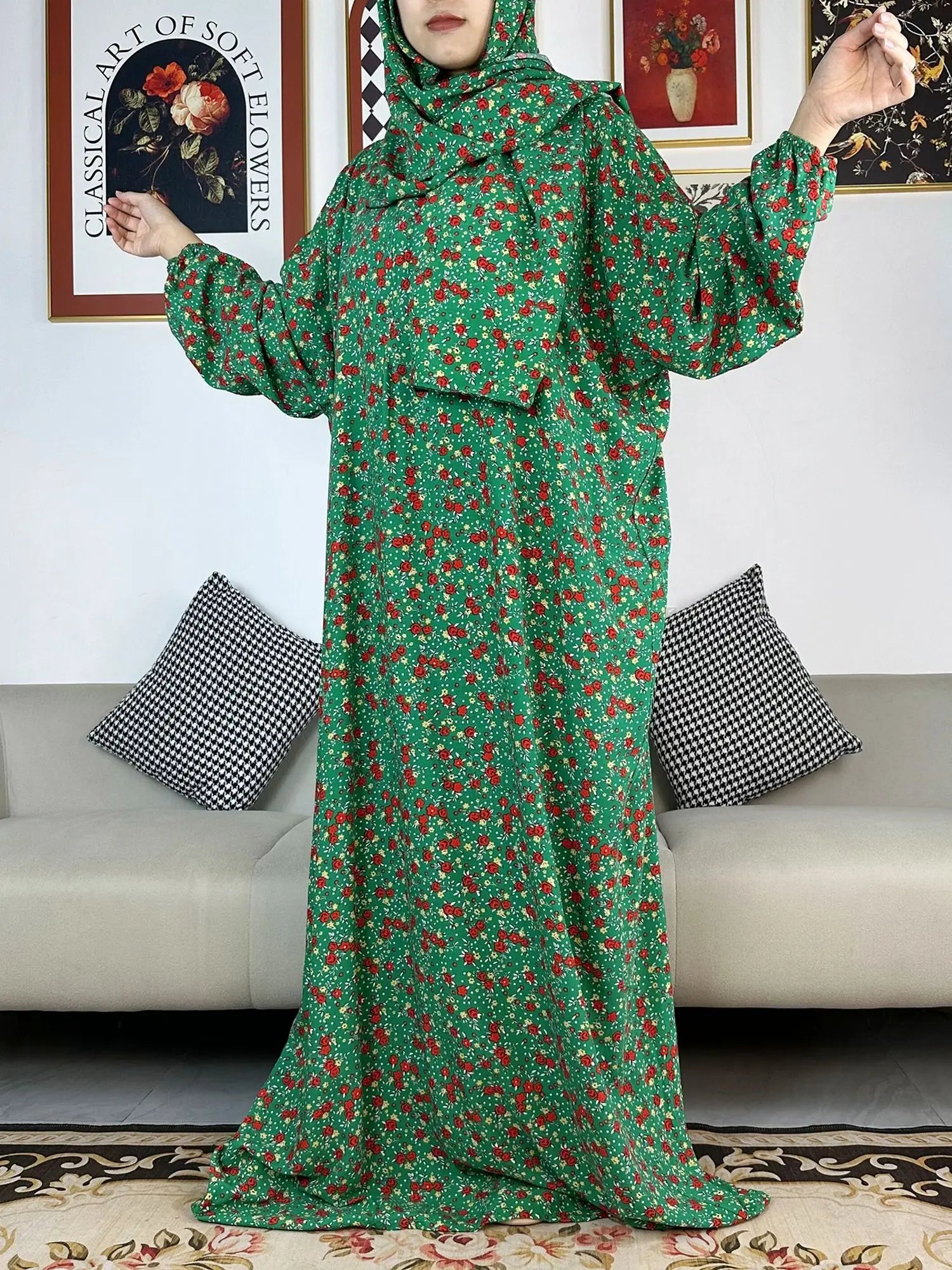 Floral Rayon Abaya – Loose African Dress with Turban for Muslim Women