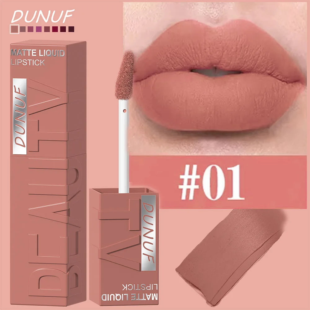 DUNUF 8-Colour Matte Velvet Lip Gloss Set – Waterproof Plumping Lipstick Square Tube