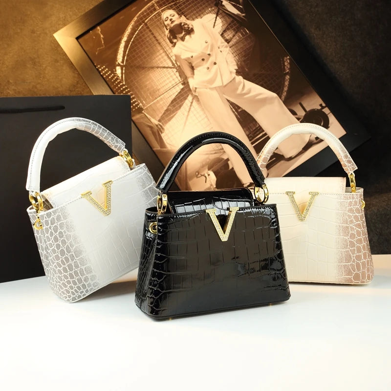 2025 Crocodile Pattern Leather Shell Bag – Luxury Small Shoulder Crossbody Handbag