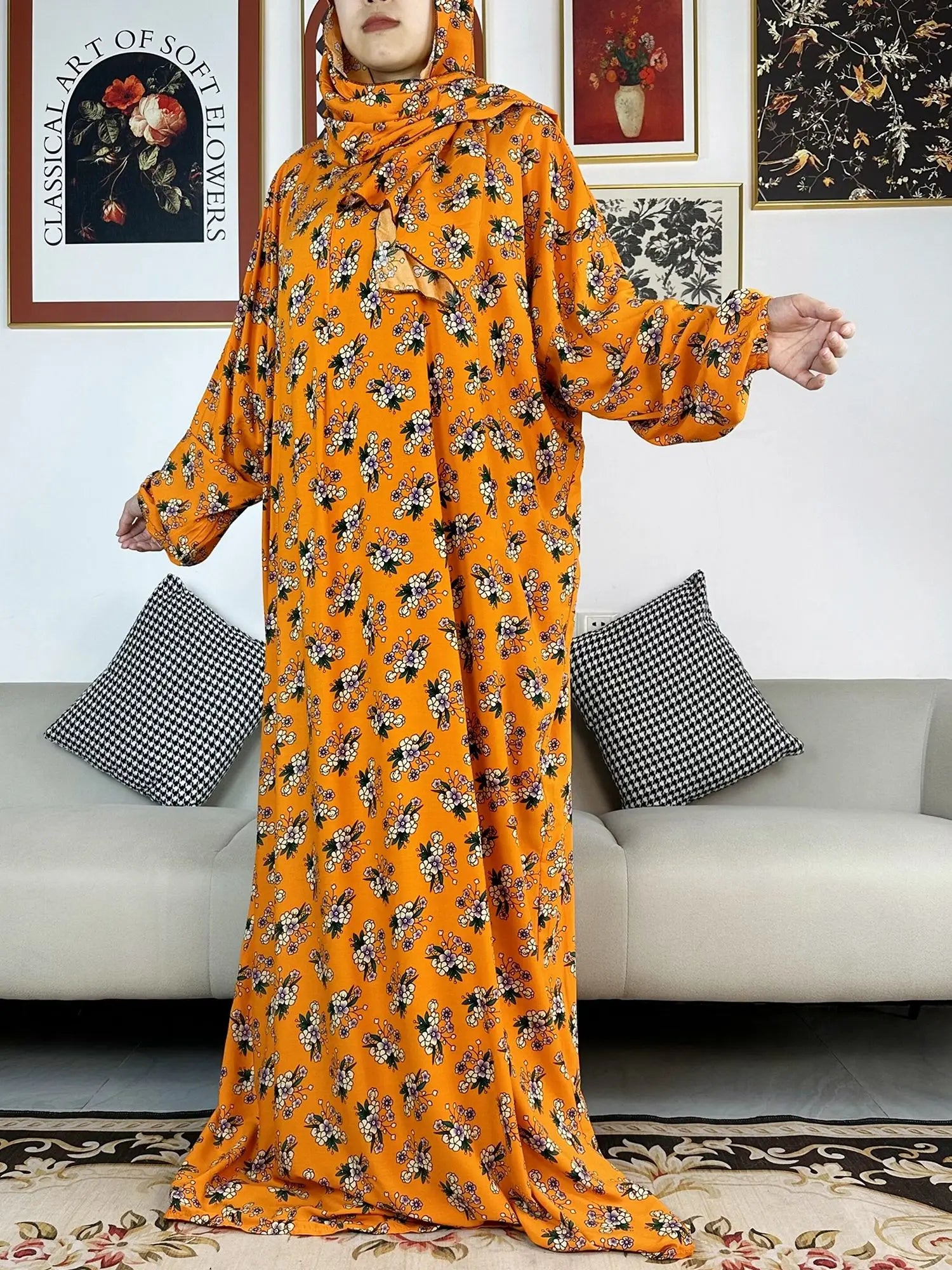 Floral Rayon Abaya – Loose African Dress with Turban for Muslim Women