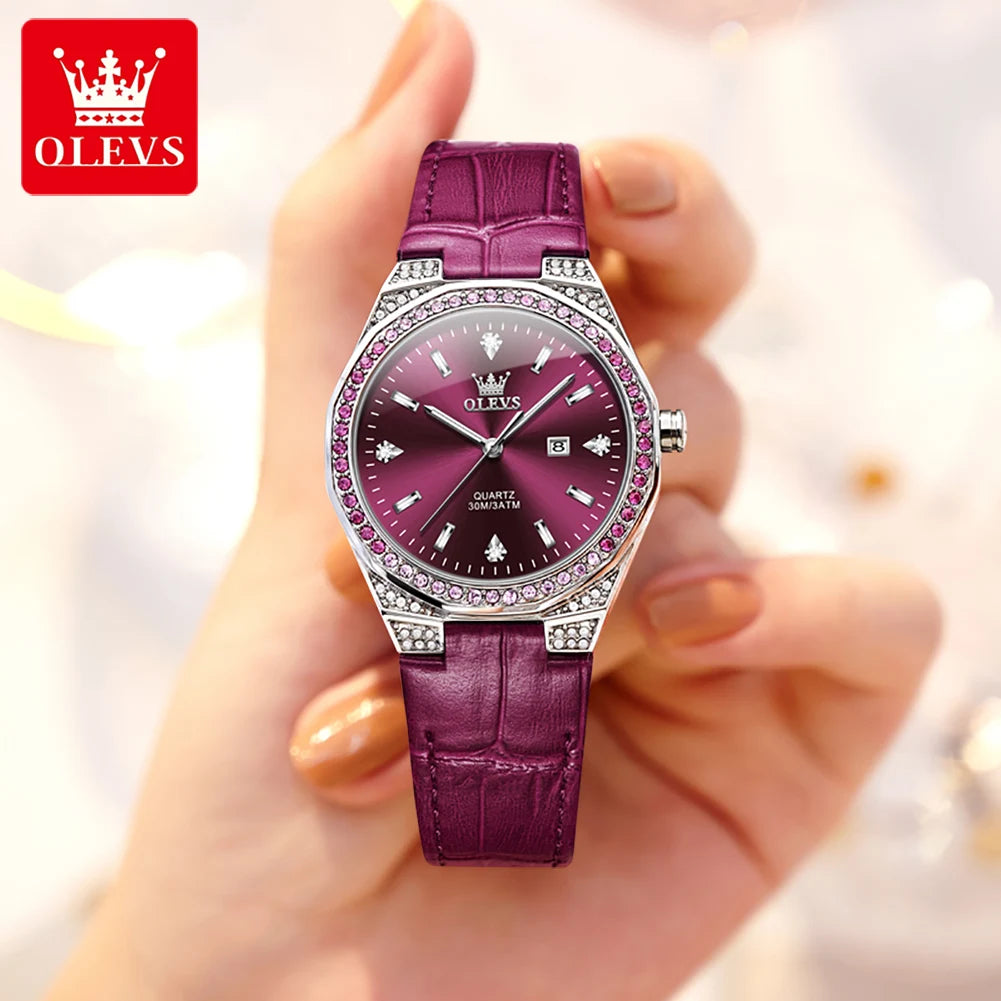 OLEVS Diamond Women's Watch – Luminous, Waterproof & Leather Strap