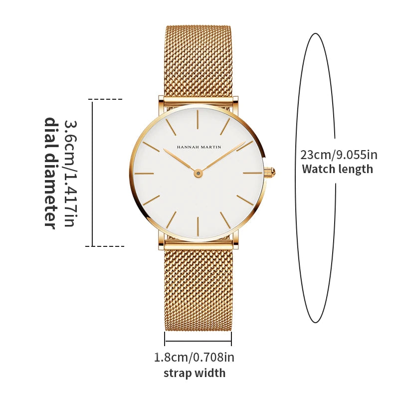 HANNAH MARTIN Rose Gold Women's Watch – 36mm Stainless Steel, Waterproof