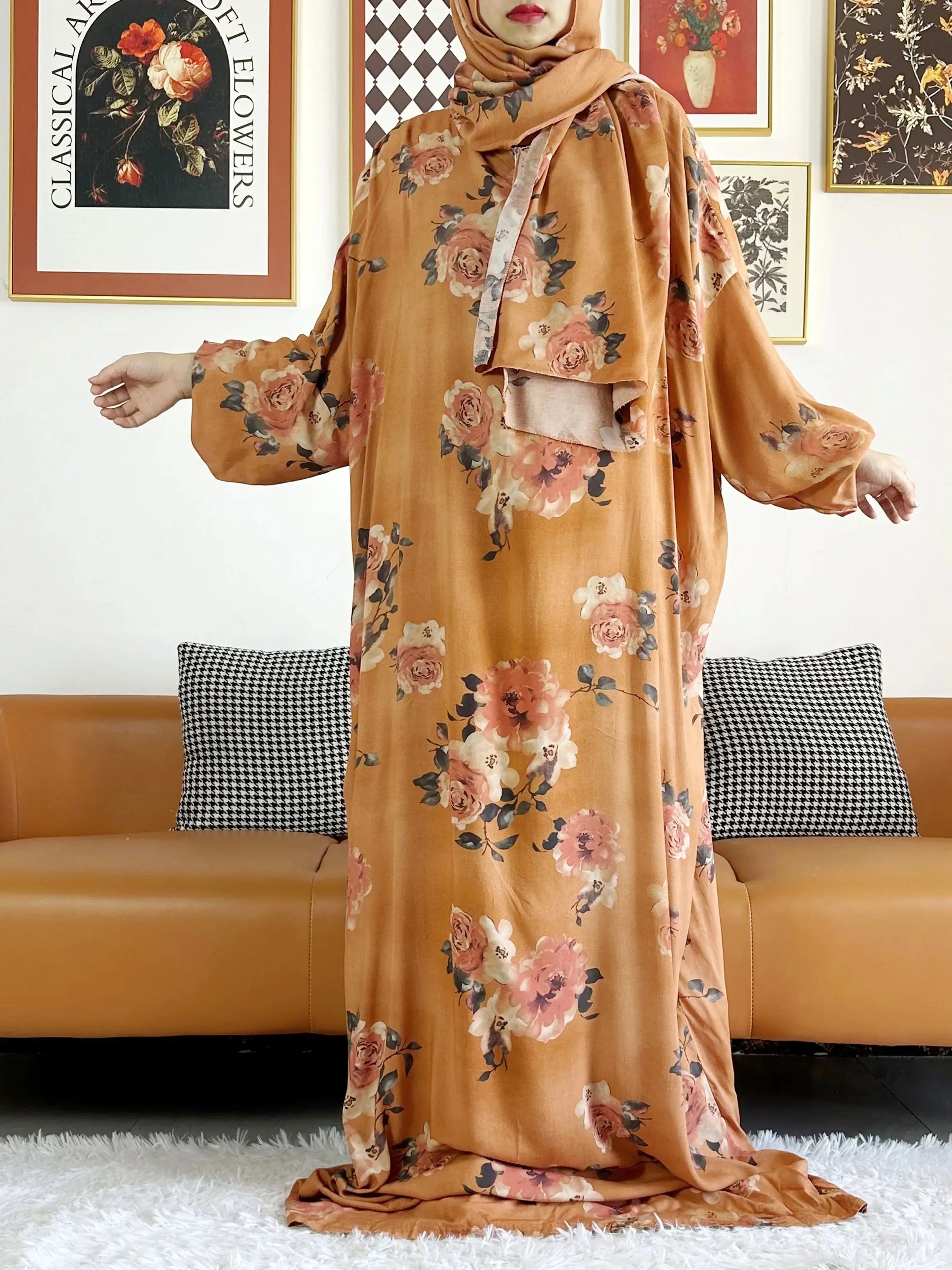 Plus Size Muslim Cotton Abaya – Loose Prayer Dress up to 6XL with Turban
