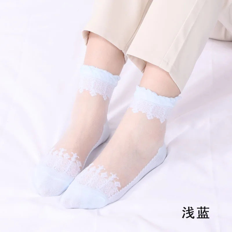 Women's Silk Velvet Lace Ankle Socks – Ultra-Thin Mesh Non-Slip Short Socks