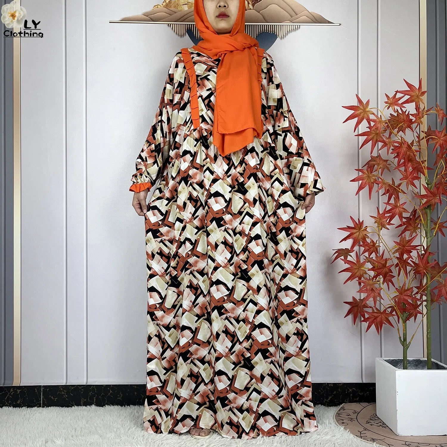 Muslim Long Sleeve Abaya – Loose Cotton Dress with Turban for Women