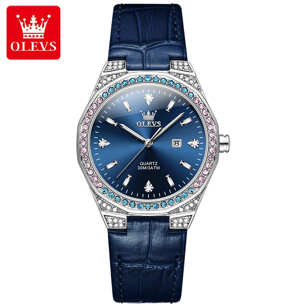 OLEVS Diamond Women's Watch – Luminous, Waterproof & Leather Strap