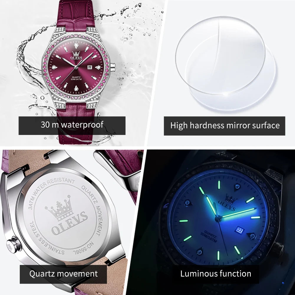 OLEVS Diamond Women's Watch – Luminous, Waterproof & Leather Strap
