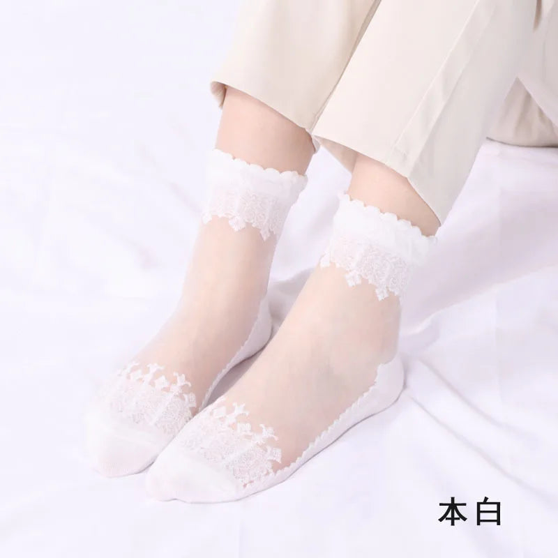 Women's Silk Velvet Lace Ankle Socks – Ultra-Thin Mesh Non-Slip Short Socks
