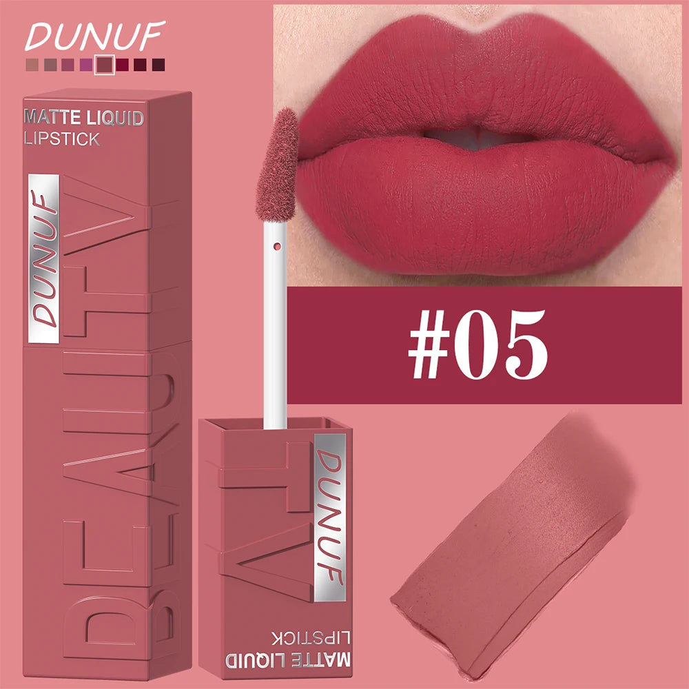 DUNUF 8-Colour Matte Velvet Lip Gloss Set – Waterproof Plumping Lipstick Square Tube