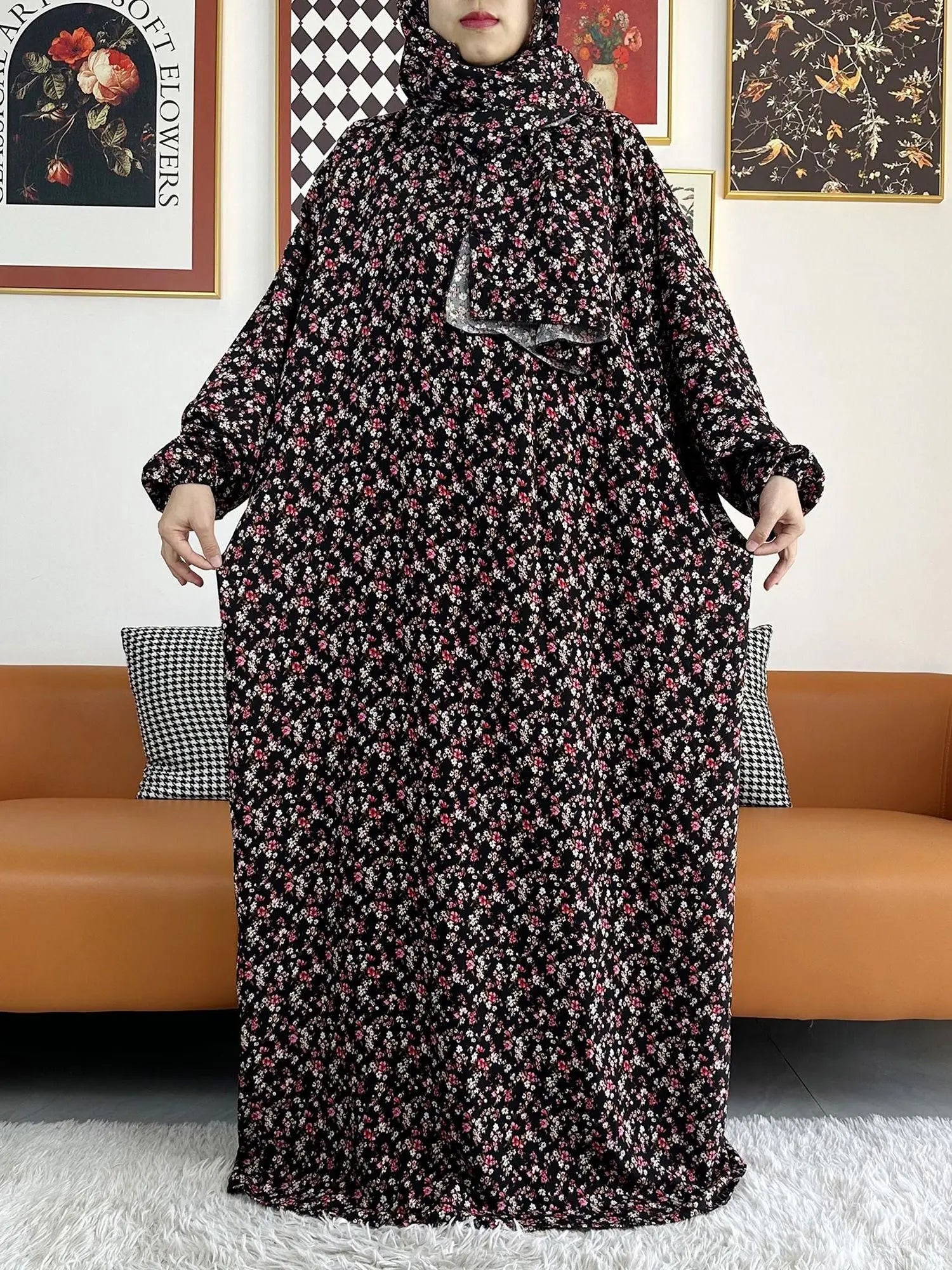 Floral Rayon Abaya – Loose African Dress with Turban for Muslim Women