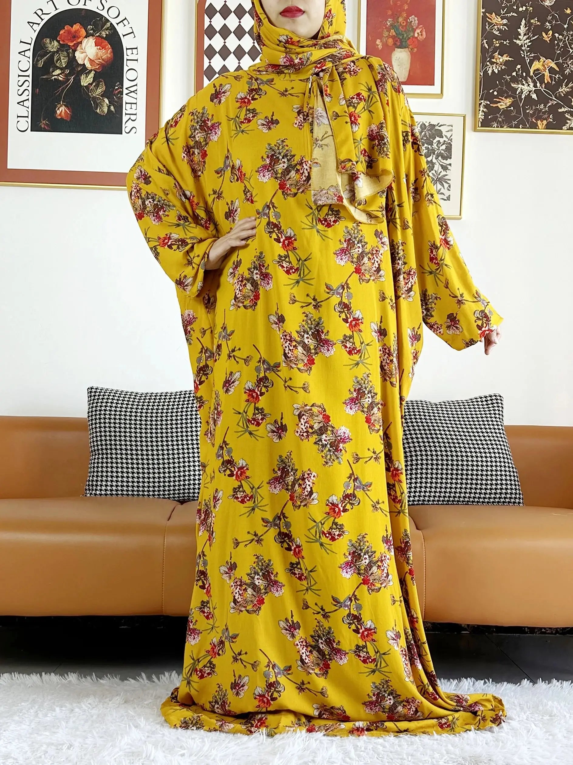 Plus Size Muslim Cotton Abaya – Loose Prayer Dress up to 6XL with Turban