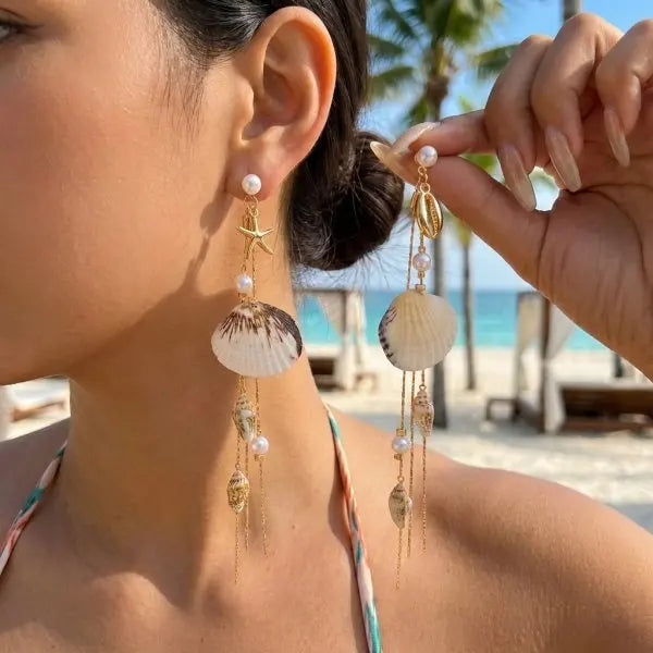 Y2K Boho Hoop Earrings – Colorful Stone, Starfish & Shell Dangle, Summer Festival