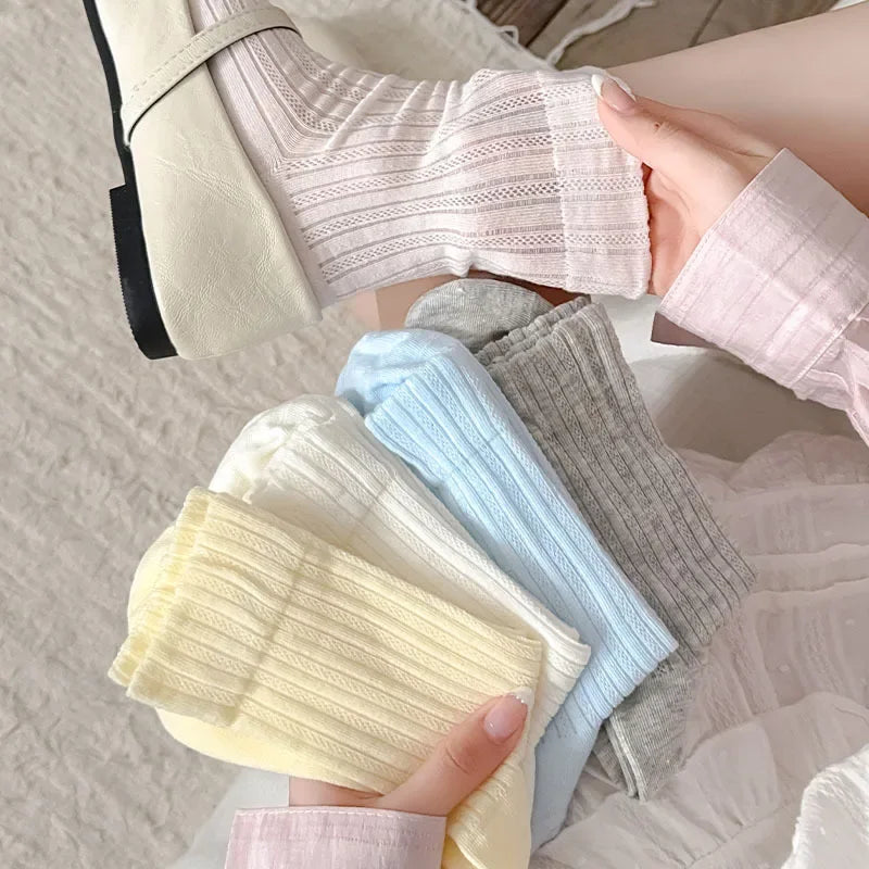 Women's Korean Style Mid-Tube Socks – Breathable Cotton Socks in Solid Colours (5 Pairs)