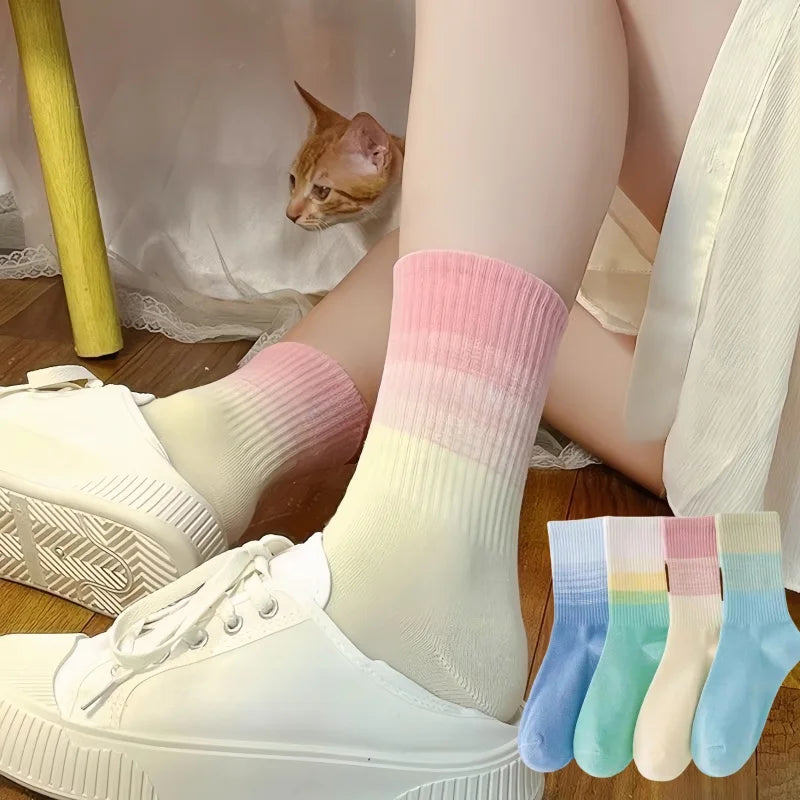 Women's Gradient Colour Cotton Sports Socks – Harajuku Candy Colours Mid-Tube (3 Pairs)