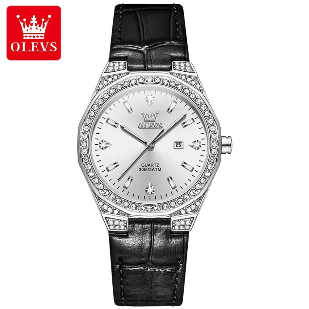 OLEVS Diamond Women's Watch – Luminous, Waterproof & Leather Strap
