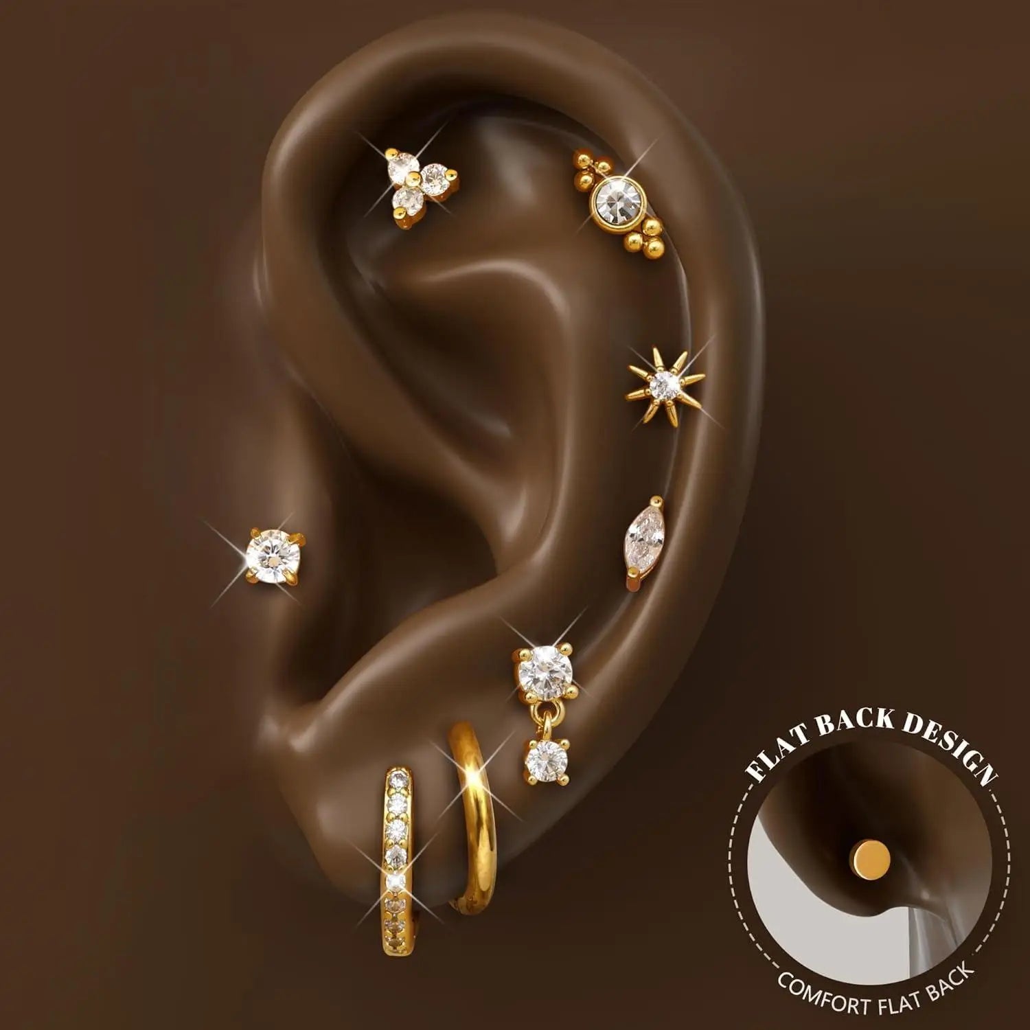 8 Pairs Hypoallergenic Earrings Set – Flat Back Studs & Hoops, Surgical Steel