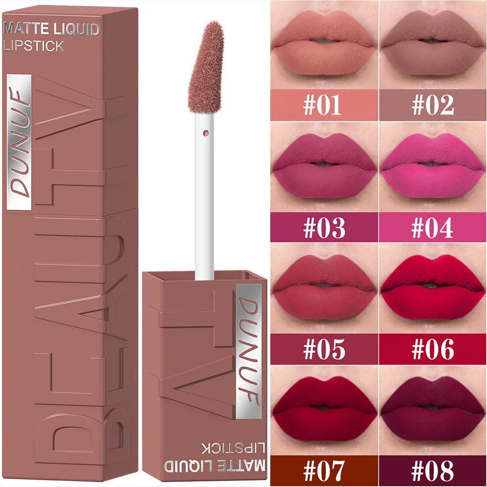 DUNUF 8-Colour Matte Velvet Lip Gloss Set – Waterproof Plumping Lipstick Square Tube