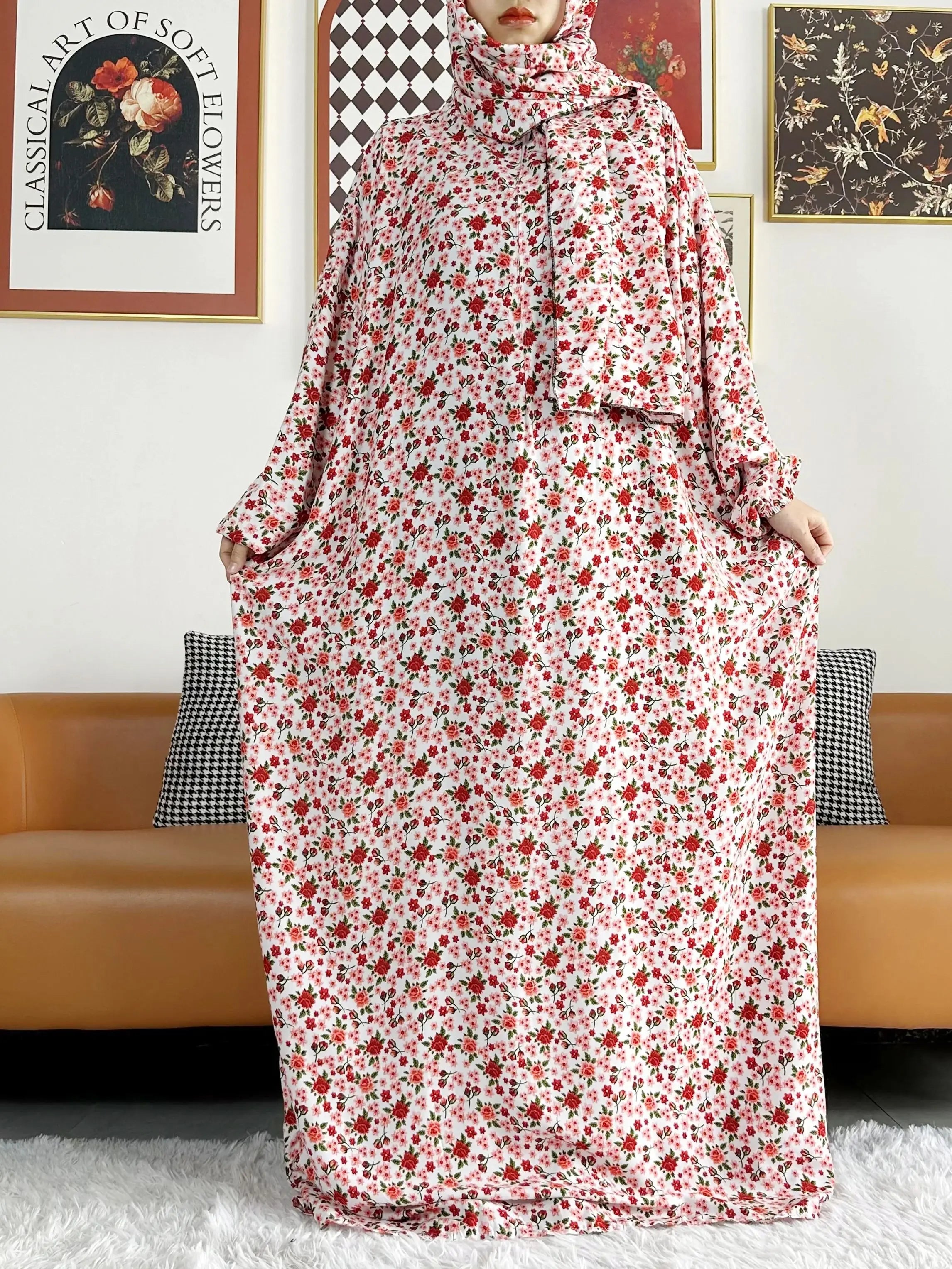 Floral Rayon Abaya – Loose African Dress with Turban for Muslim Women