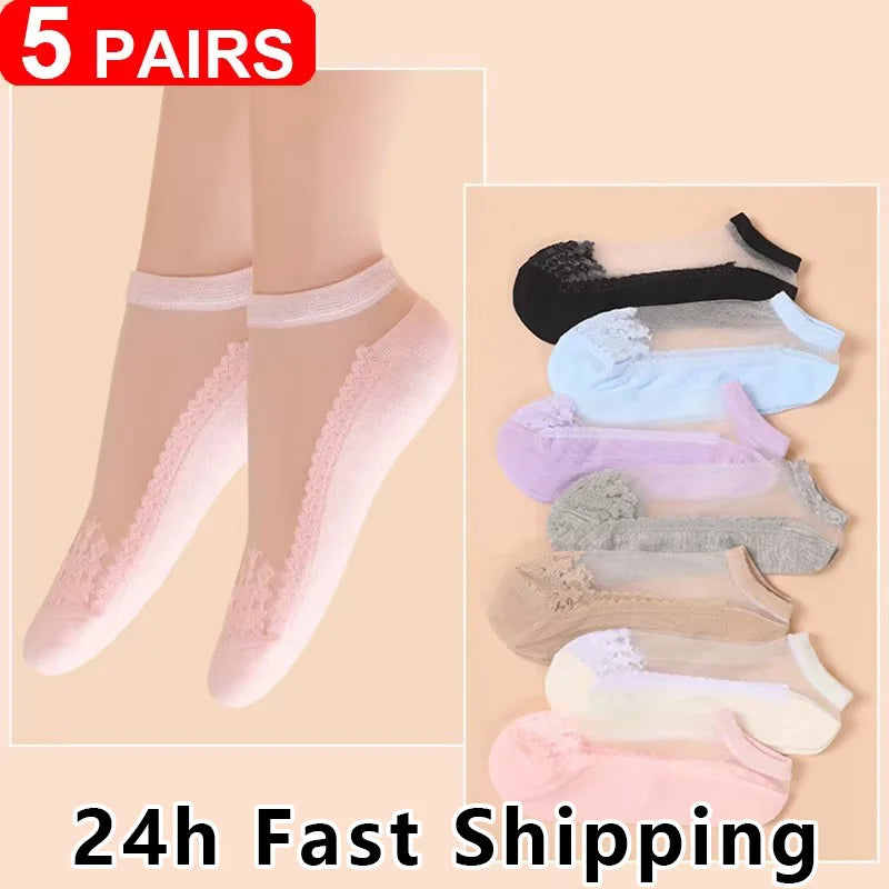 Women's Sheer Lace Invisible Socks – Ultra-Thin No-Show Ankle Socks (5 Pairs)