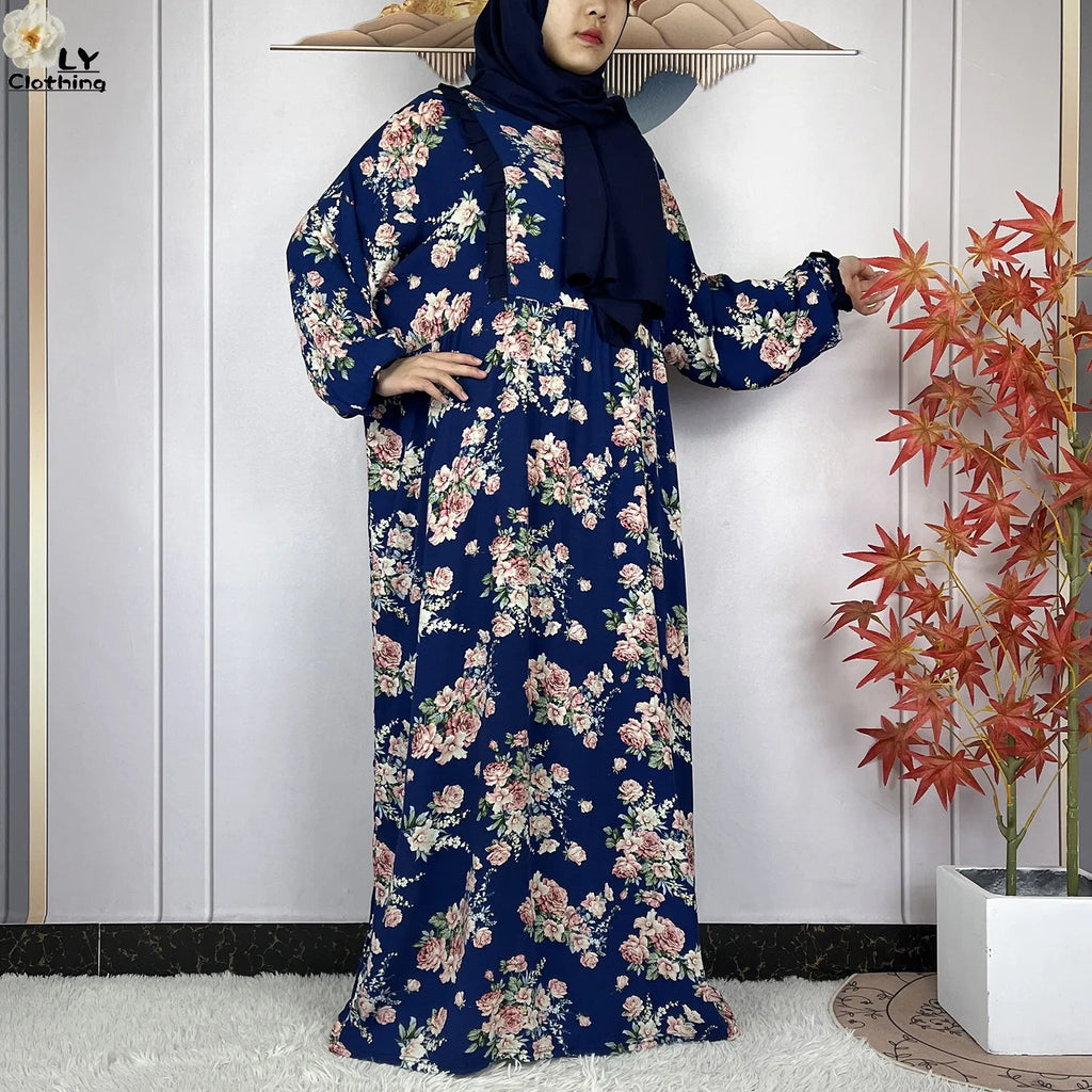 Muslim Long Sleeve Abaya – Loose Cotton Dress with Turban for Women