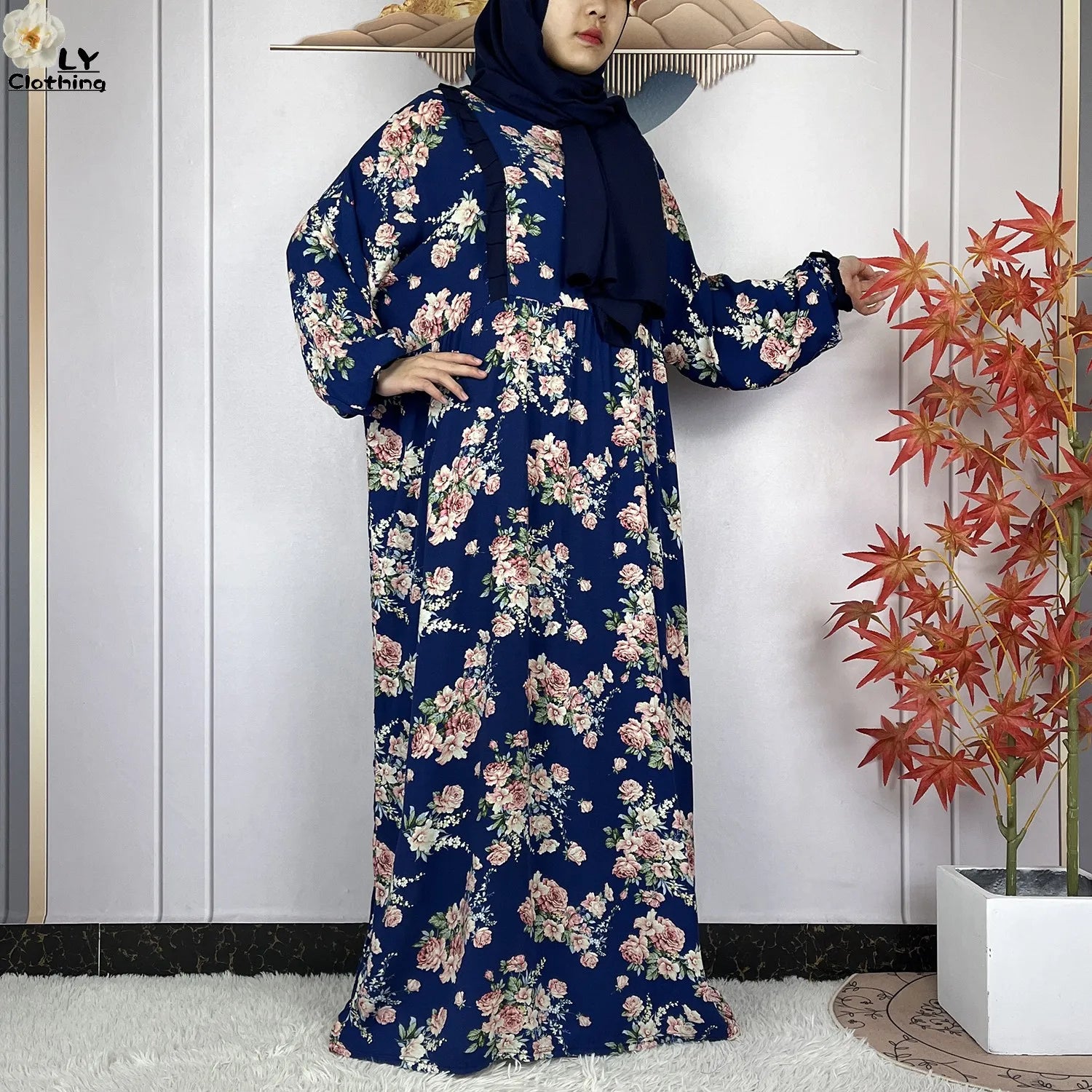Muslim Long Sleeve Abaya – Loose Cotton Dress with Turban for Women