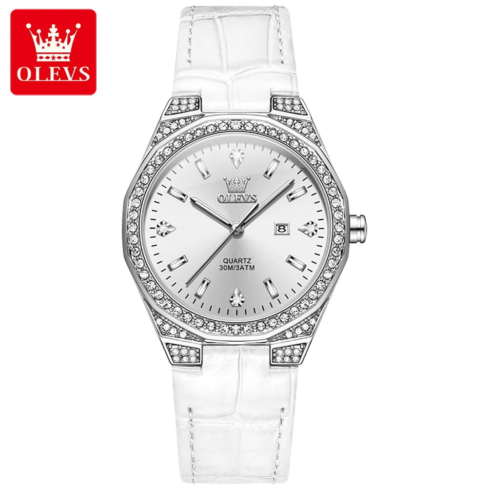 OLEVS Diamond Women's Watch – Luminous, Waterproof & Leather Strap