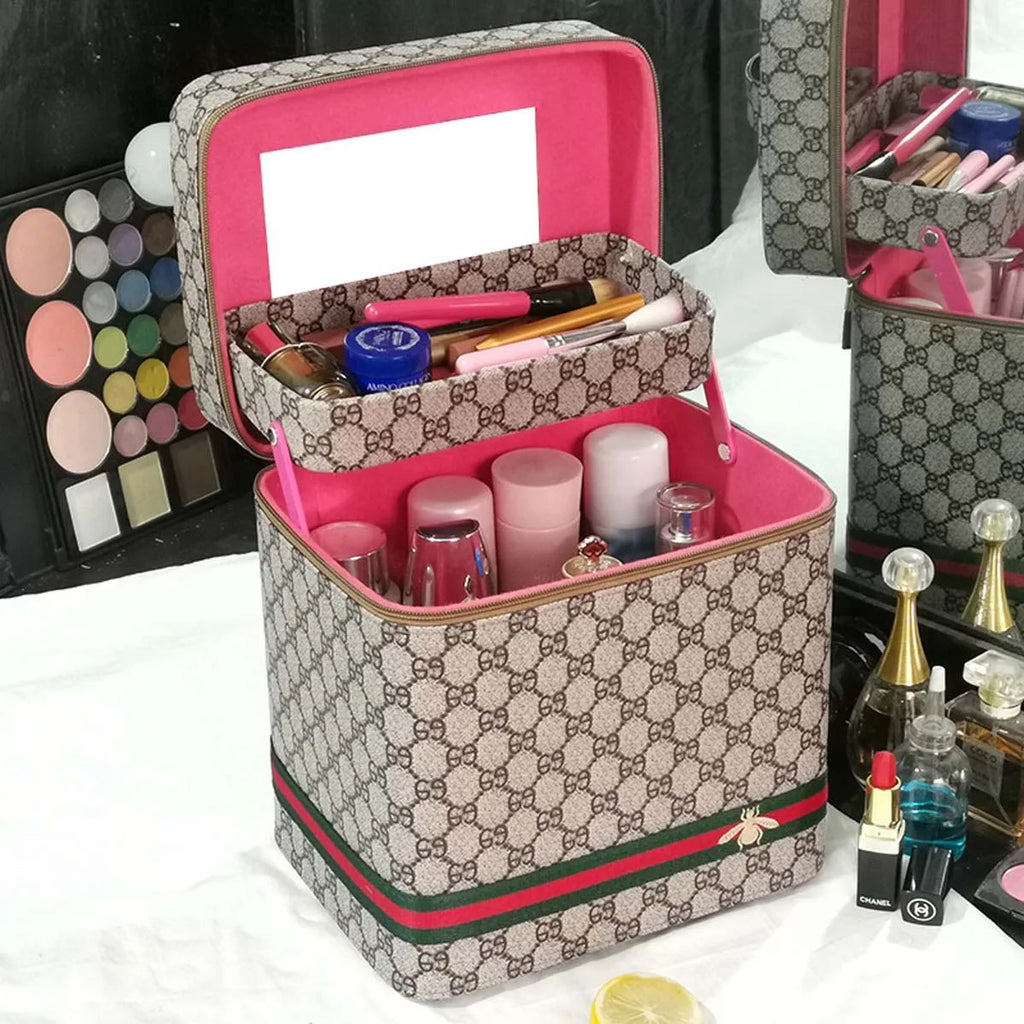Large PU Leather Makeup Bag with Mirror – Travel Cosmetic Organiser & Storage Box