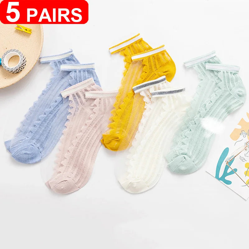 Women's Sheer Lace Invisible Socks – Ultra-Thin No-Show Ankle Socks (5 Pairs)