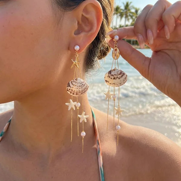 Y2K Boho Hoop Earrings – Colorful Stone, Starfish & Shell Dangle, Summer Festival