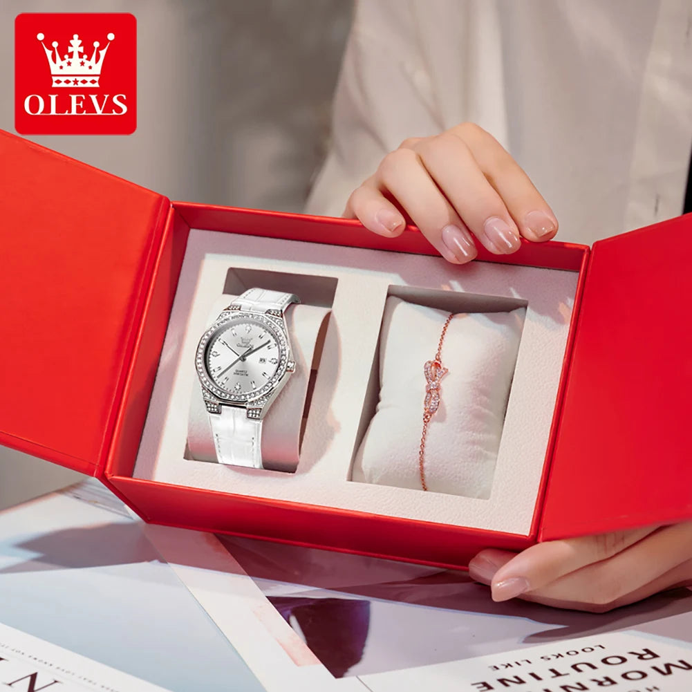OLEVS Diamond Women's Watch – Luminous, Waterproof & Leather Strap