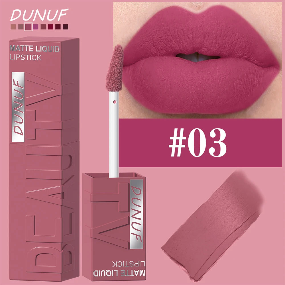 DUNUF 8-Colour Matte Velvet Lip Gloss Set – Waterproof Plumping Lipstick Square Tube