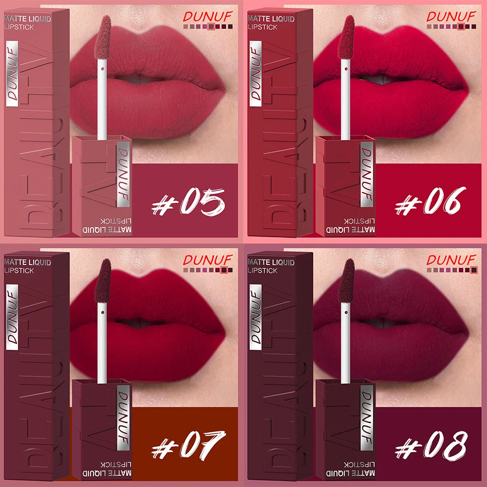 DUNUF 8-Colour Matte Velvet Lip Gloss Set – Waterproof Plumping Lipstick Square Tube